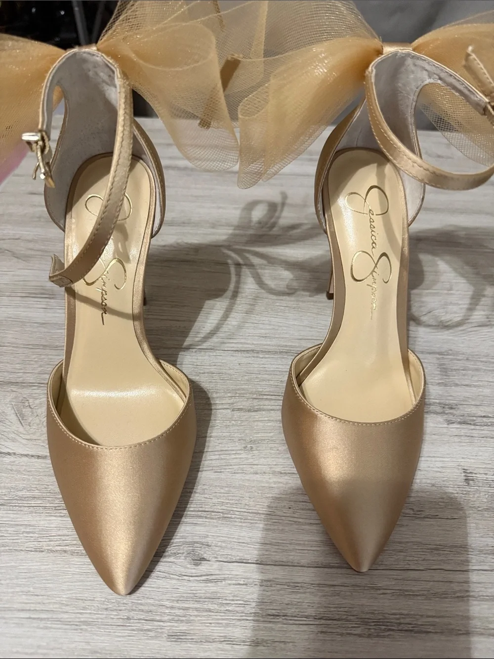 NWT Elegant Gold Satin Pointed-Toe Ankle-Strap Heels with Bow